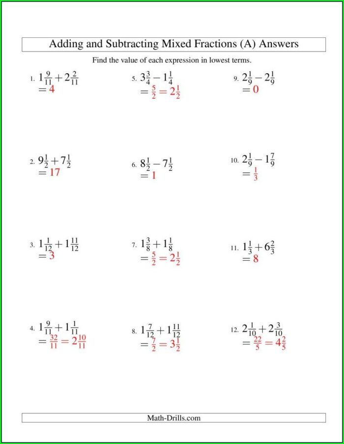 Adding And Subtracting Mixed Numbers Worksheet Pdf