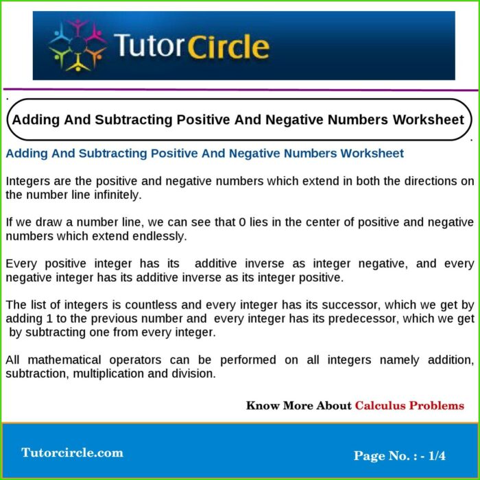 Adding And Subtracting Positive And Negative Numbers Worksheet