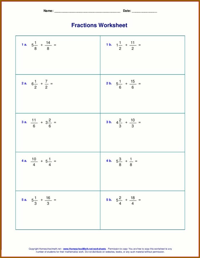 Adding Mixed Numbers Worksheet Year 5