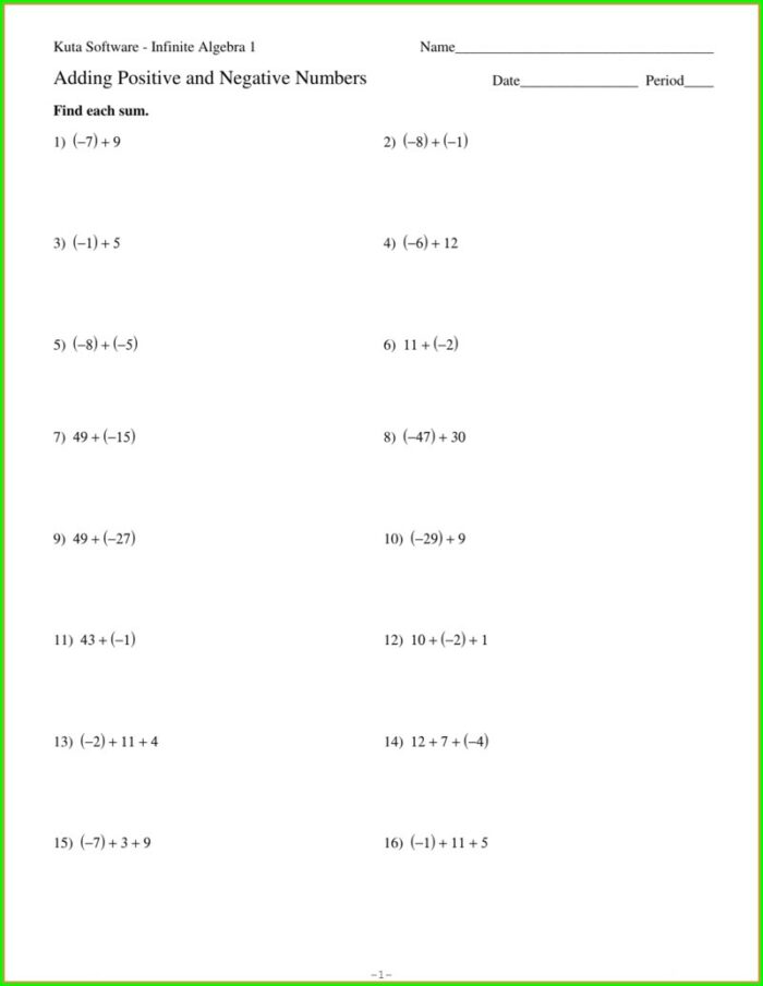 Adding Positive And Negative Numbers Worksheet Kuta
