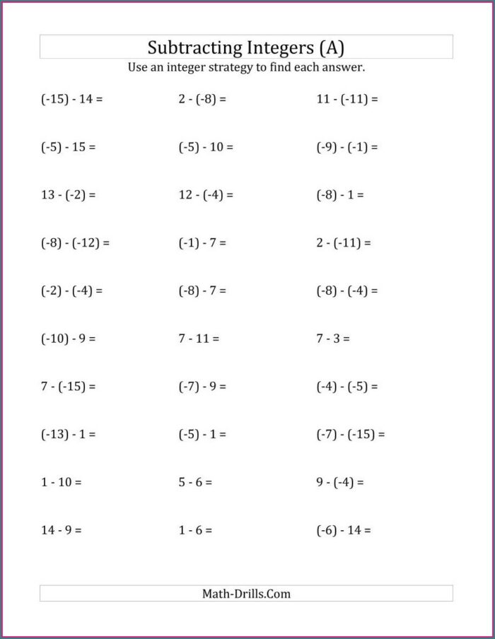 Adding Subtracting Negative Numbers Worksheet