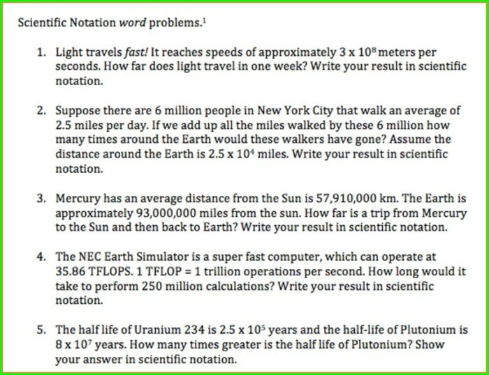 Answer Key Scientific Notation Word Problems Worksheet