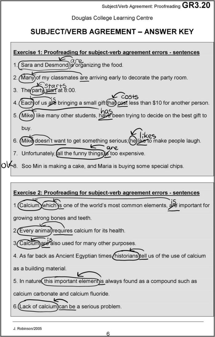 Answer Key Subject Verb Agreement Exercises With Answers