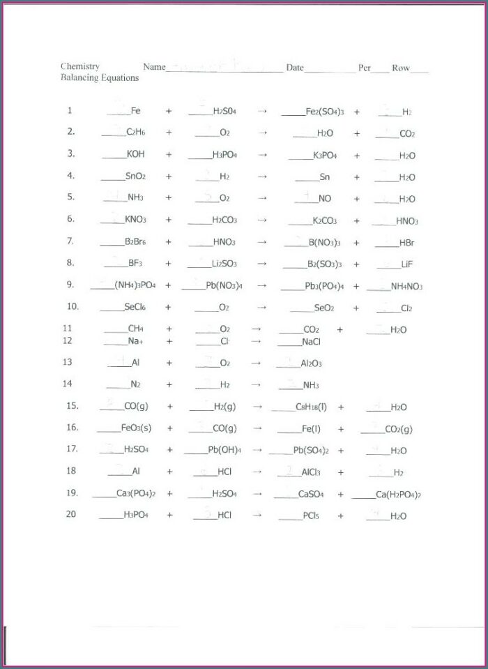 Answer Key Word Equations Worksheet Answers