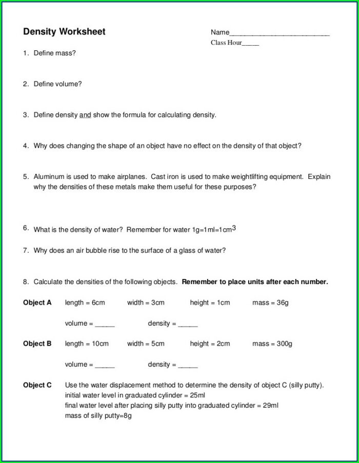 Calculating Density Worksheet With Answer Key