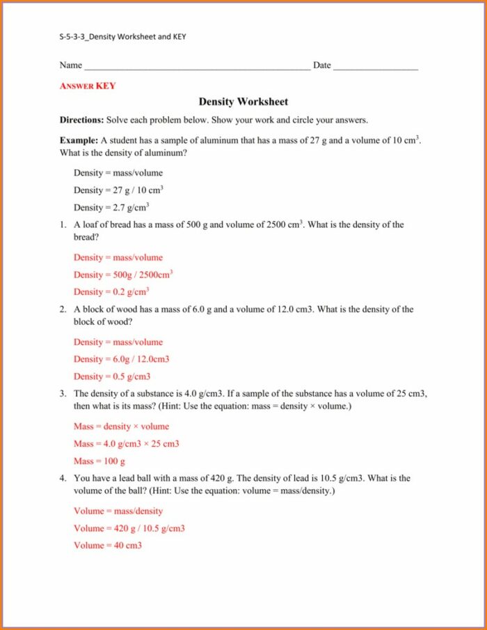Calculating Density Worksheet With Answers