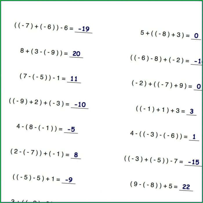 Calculating With Positive And Negative Numbers Worksheets