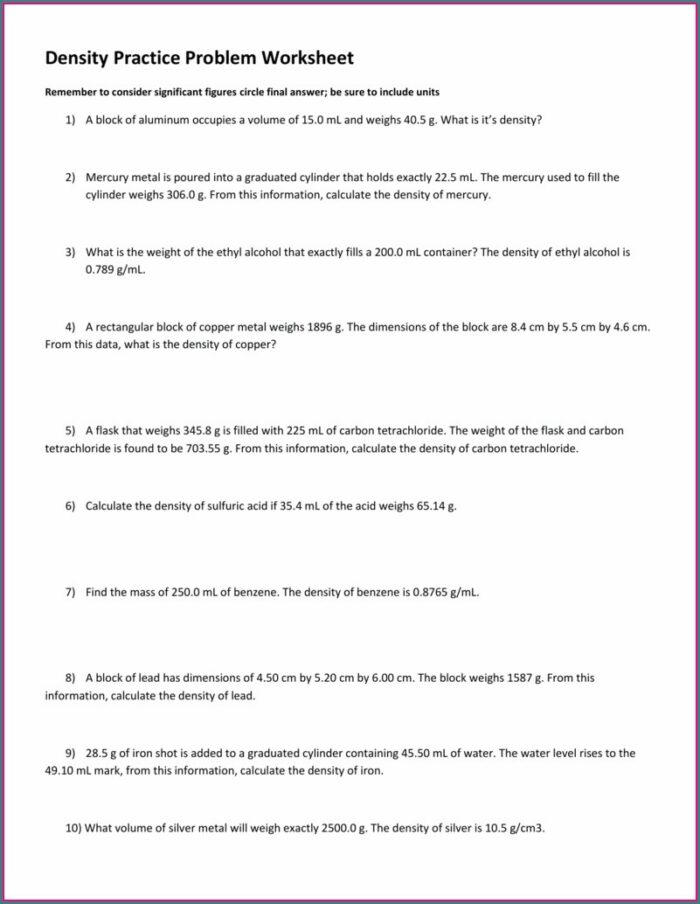 Density Problems Worksheet And Answers