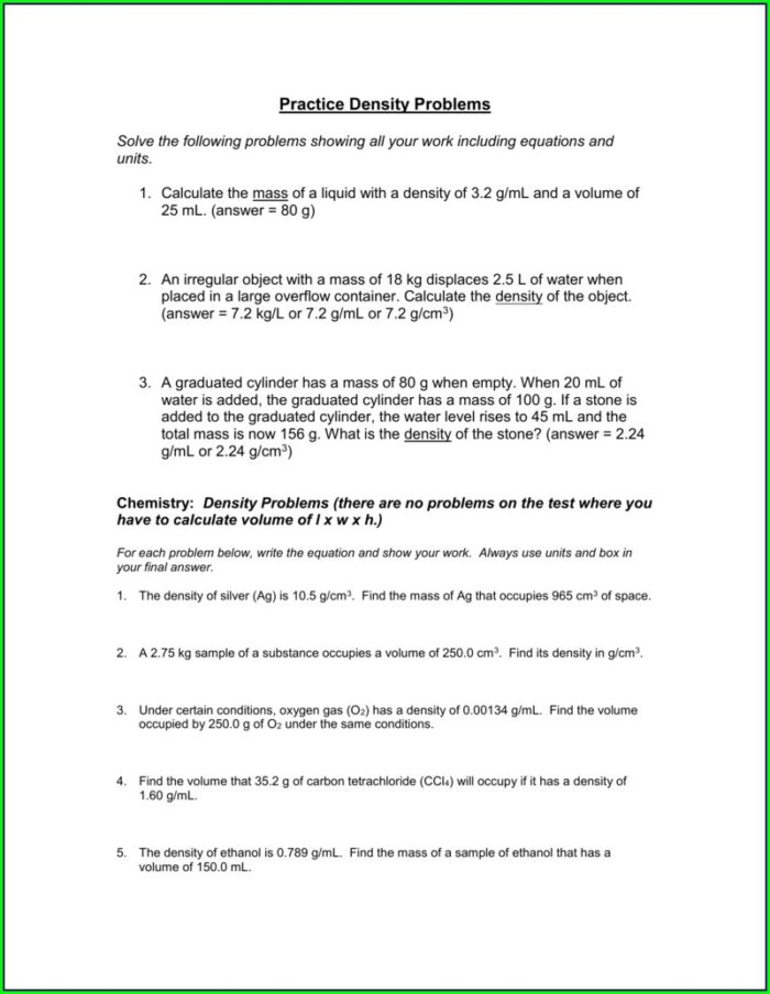 Density Problems Worksheet With Answers