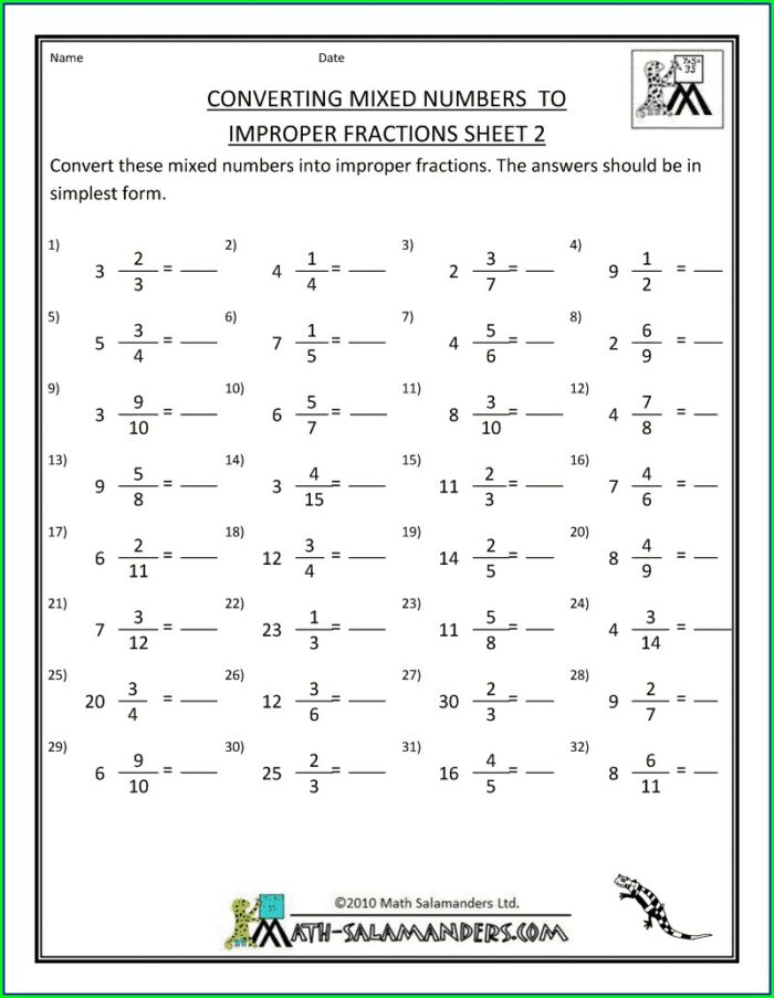 Improper Fraction To Mixed Number Worksheet With Answers
