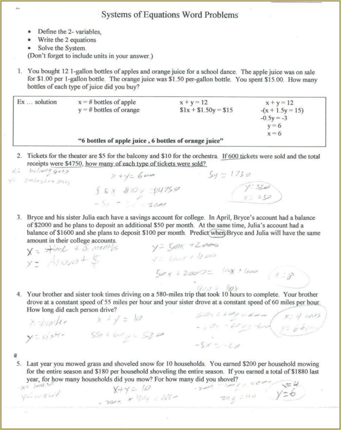 Linear Equations Word Problems Worksheet