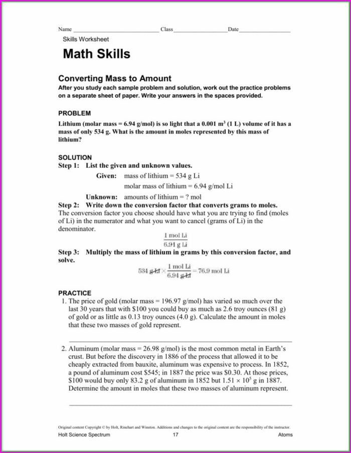 Math Skills For Science Worksheet Key