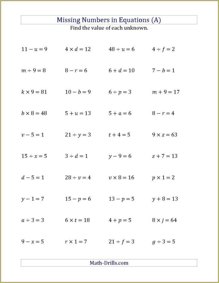 Math Variables Worksheet 4th Grade