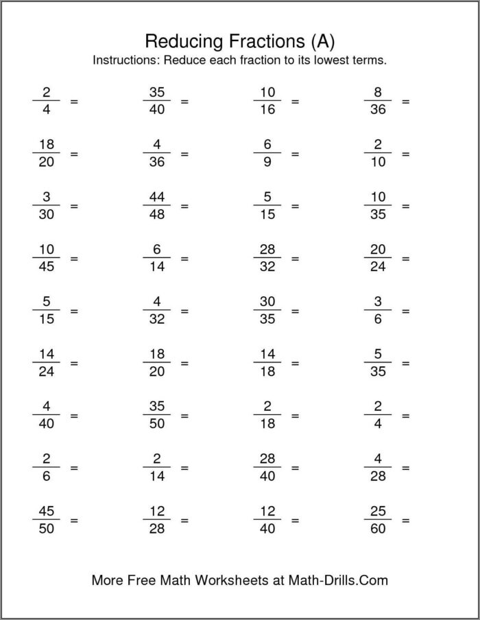 Math Worksheet Reducing Fractions To Lowest Terms