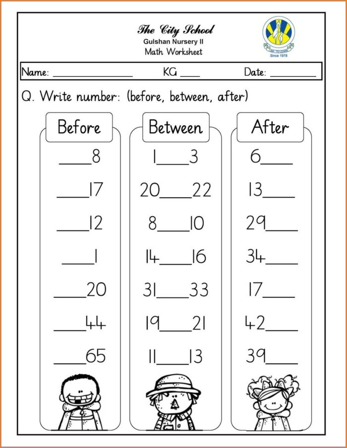 Math Worksheets Before After Between Numbers