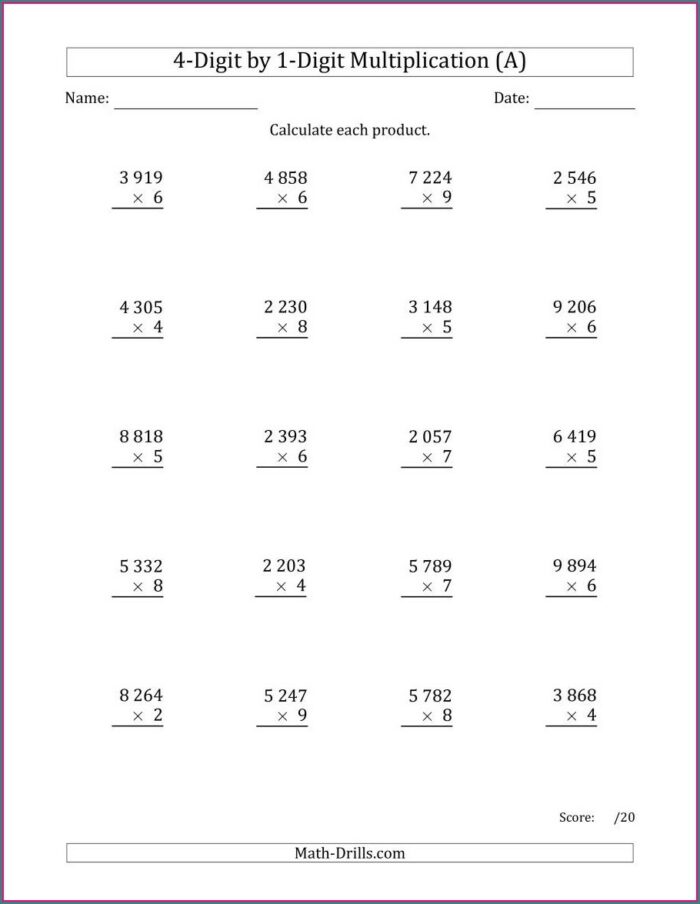 Multiplication Worksheet With Columns