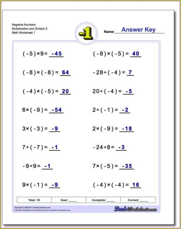 Multiplying And Dividing Negative Numbers Worksheet