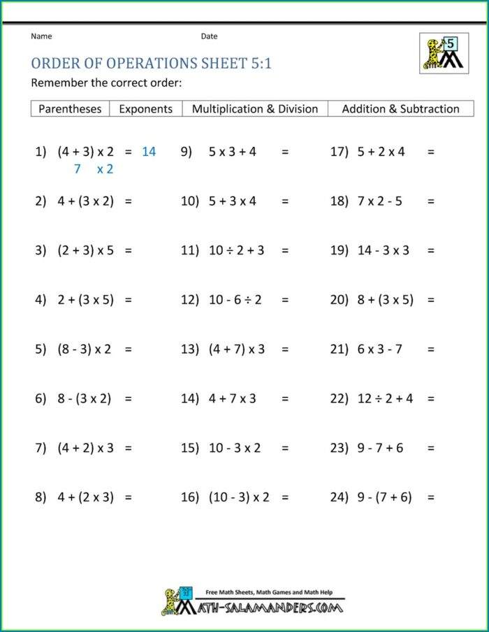 Order Of Operations Review Worksheet Pdf