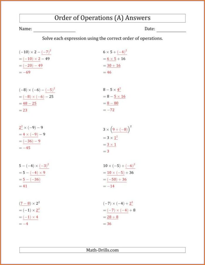 Order Of Operations Worksheets Without Negative Numbers