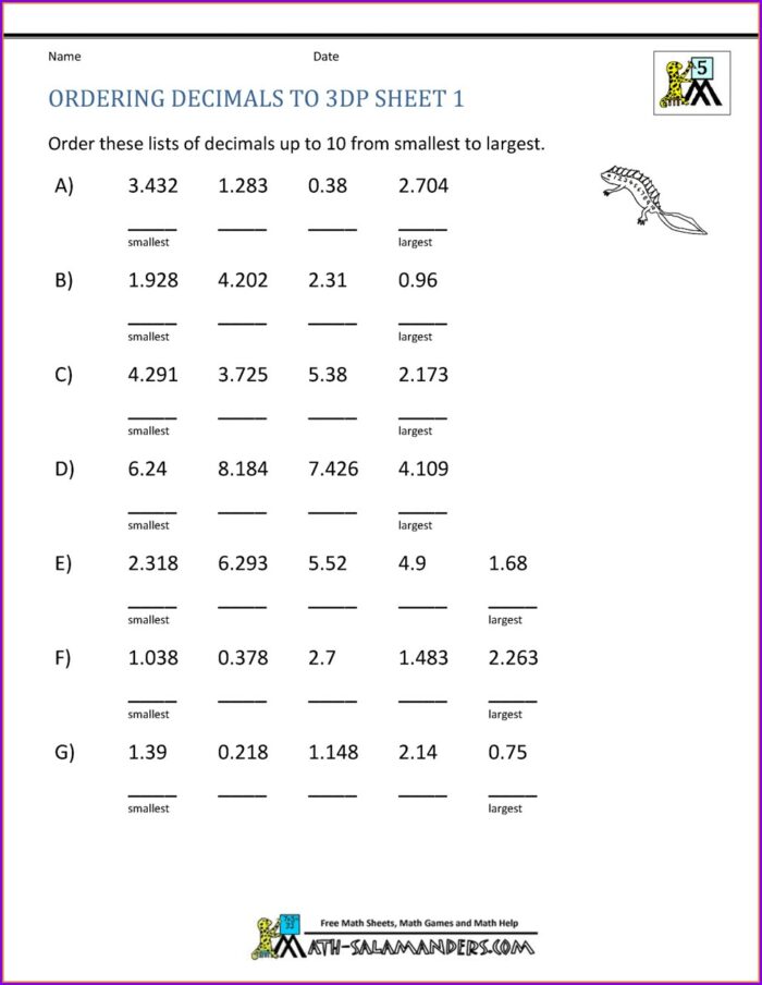 Ordering Decimal Numbers Worksheet Year 6
