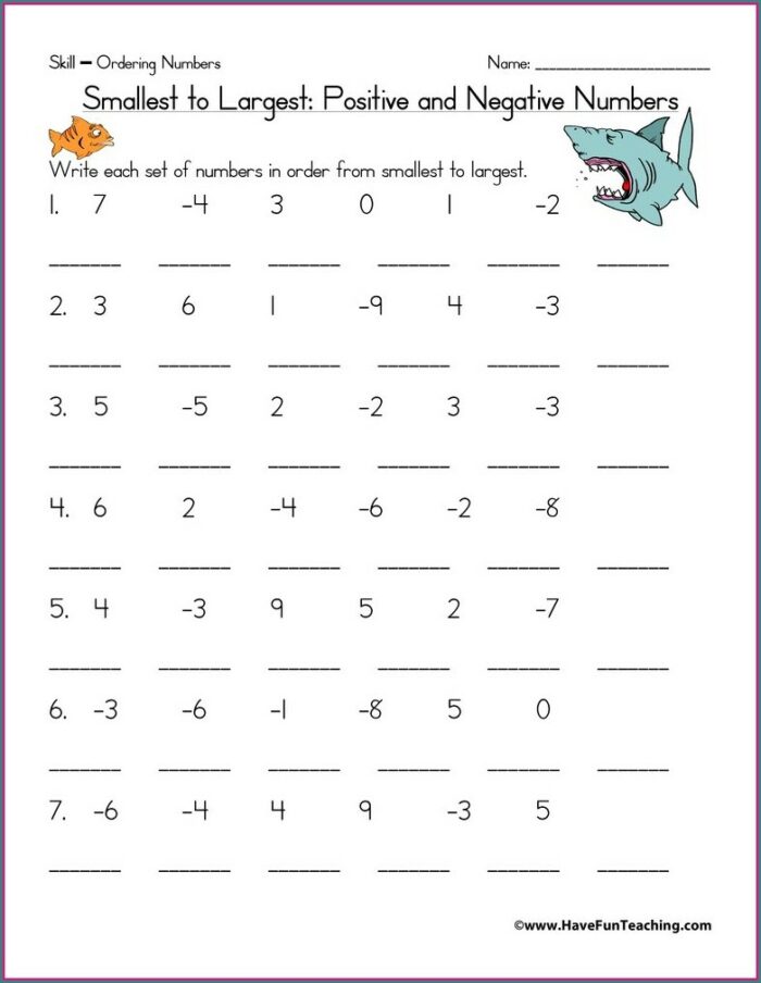 Ordering Numbers Including Negative Worksheet