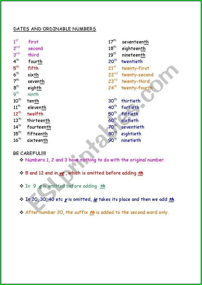 Ordinal Numbers And Dates Worksheet