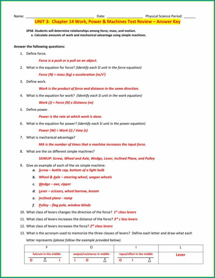 Physical Science Work And Power Worksheet Answers