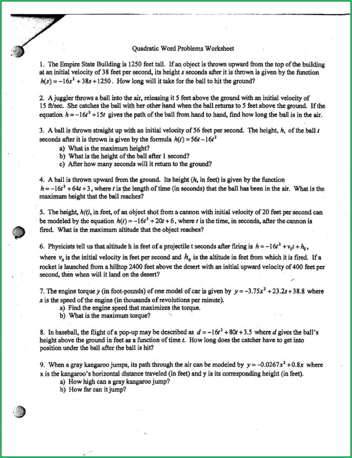 Quadratic Formula Word Problems Worksheet Answers
