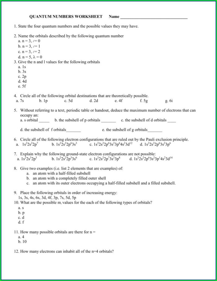 Quantum Numbers Worksheet With Answers