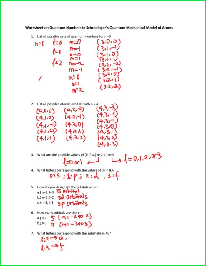 Quantum Numbers Worksheet With Answers Pdf