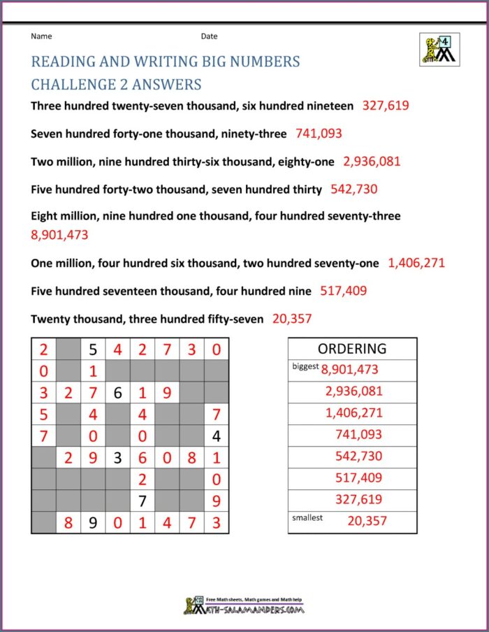 Reading And Writing Numbers Worksheet Pdf