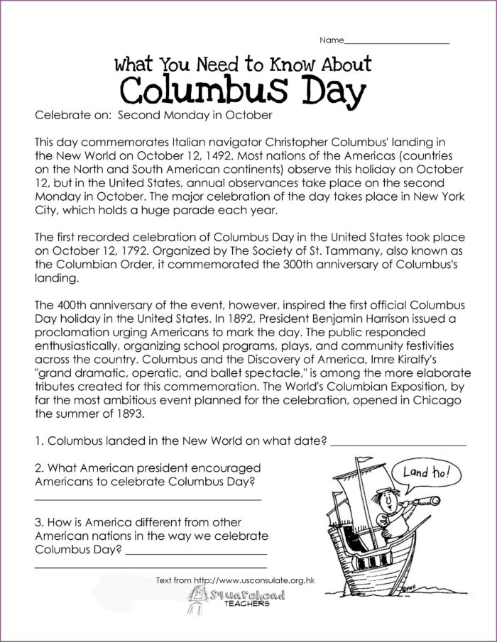 Reading Comprehension Worksheet On Christopher Columbus