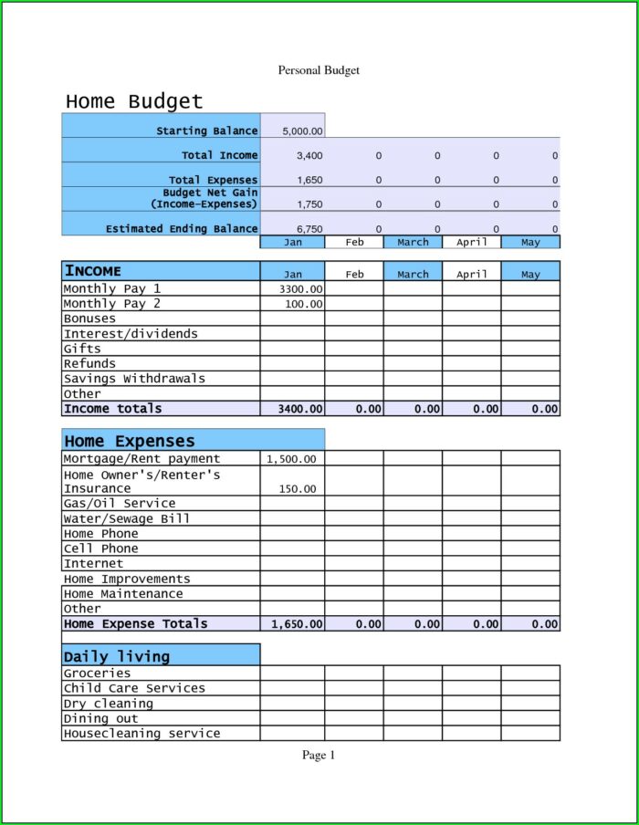Sample Excel Home Budget Spreadsheet
