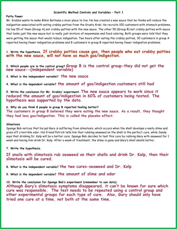 Scientific Method Controls And Variables Worksheet Answers
