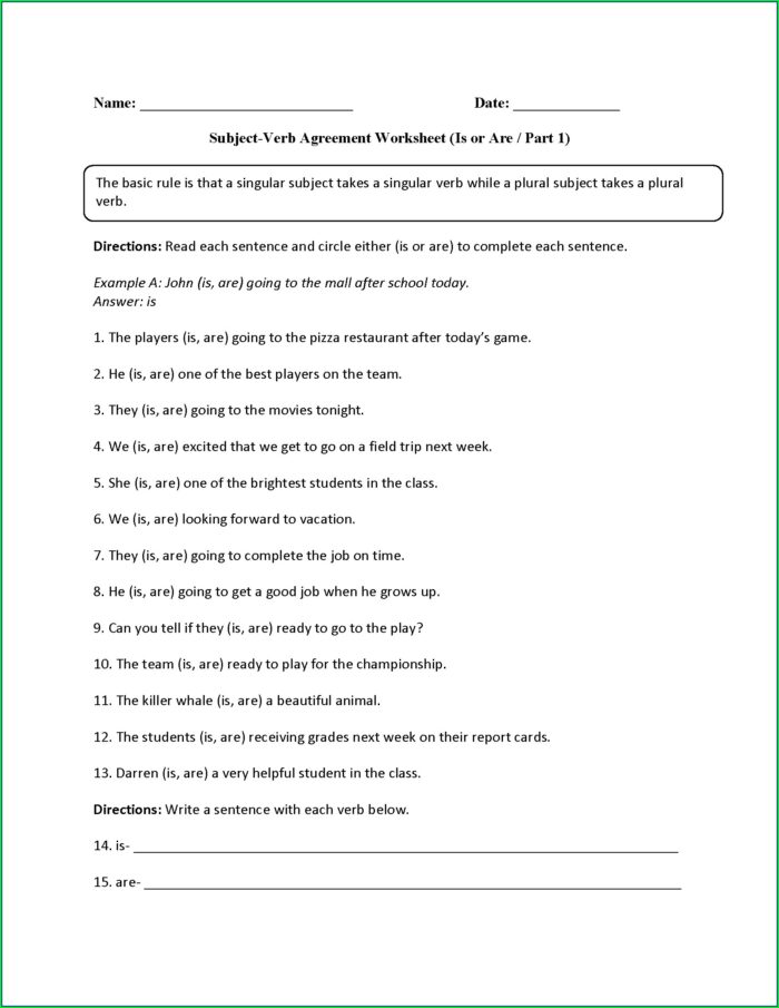 Subject Verb Agreement Exercises With Answers For Class 7