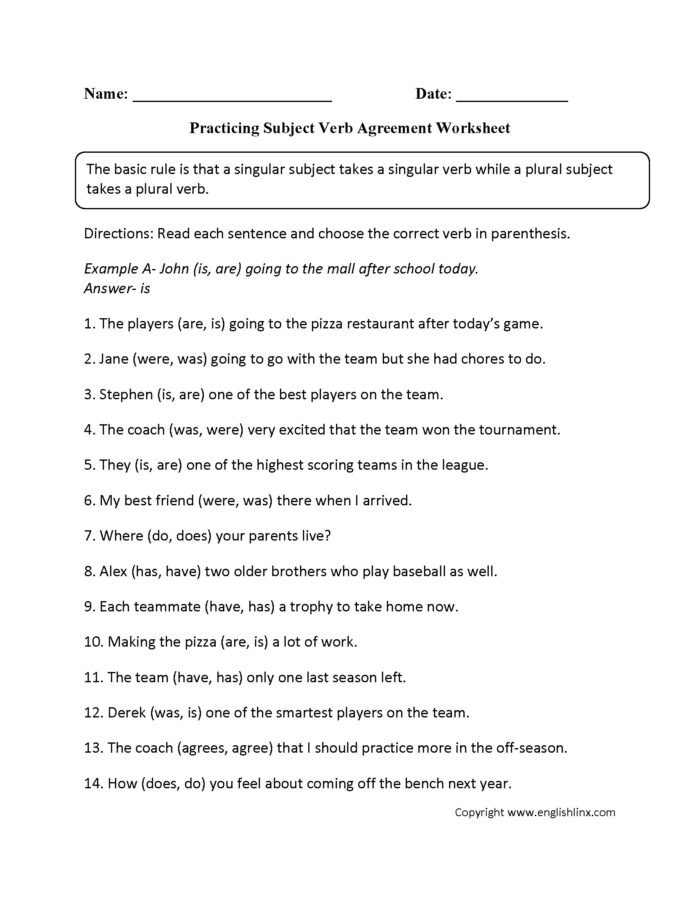 Subject Verb Agreement Exercises With Answers For Class 8