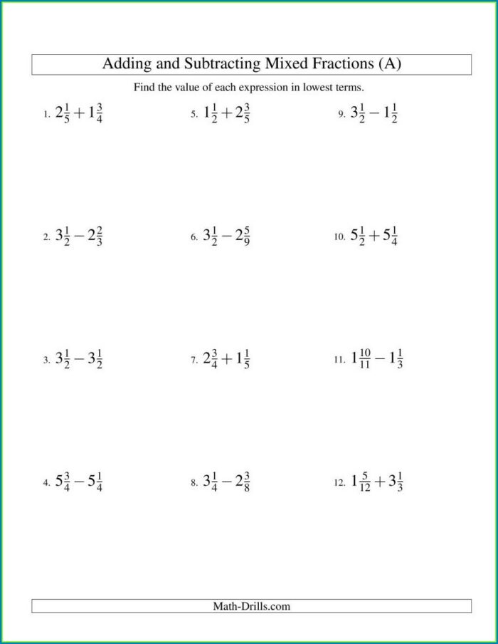 Subtracting Mixed Numbers Worksheet Vertical