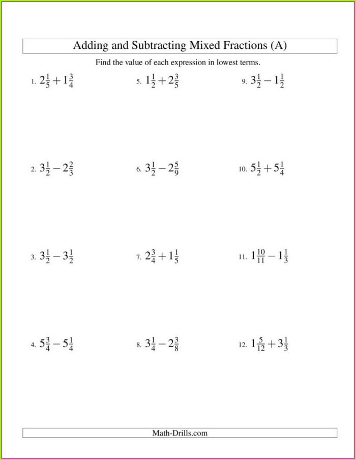 Subtracting Mixed Numbers Worksheet With Answers