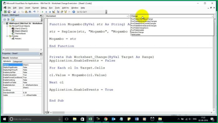 Vba Worksheet Change Function