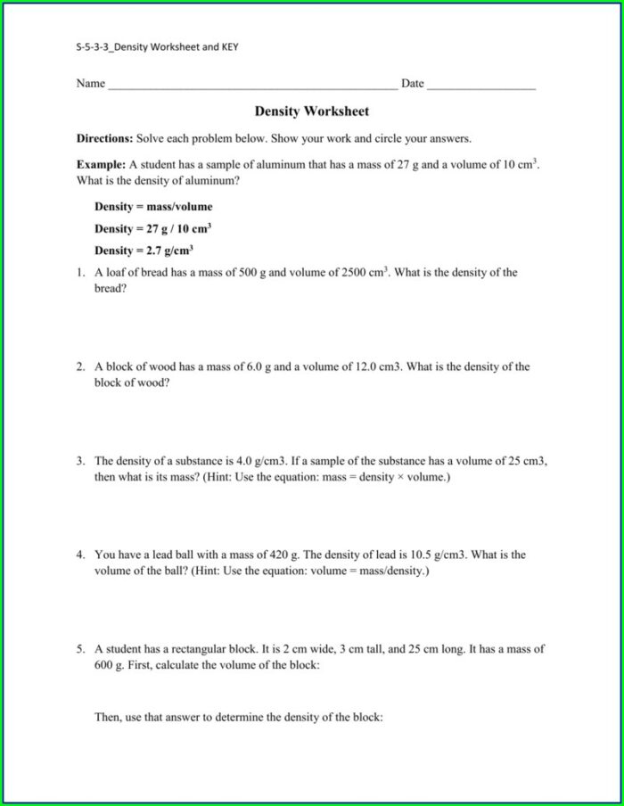 What Is Density Worksheet Answers