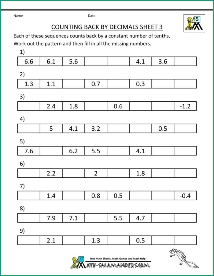 Whole Number Pattern Worksheet