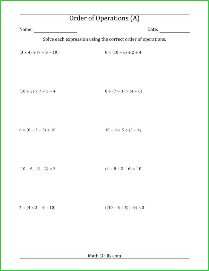 Whole Numbers Order Of Operations Worksheet Answers