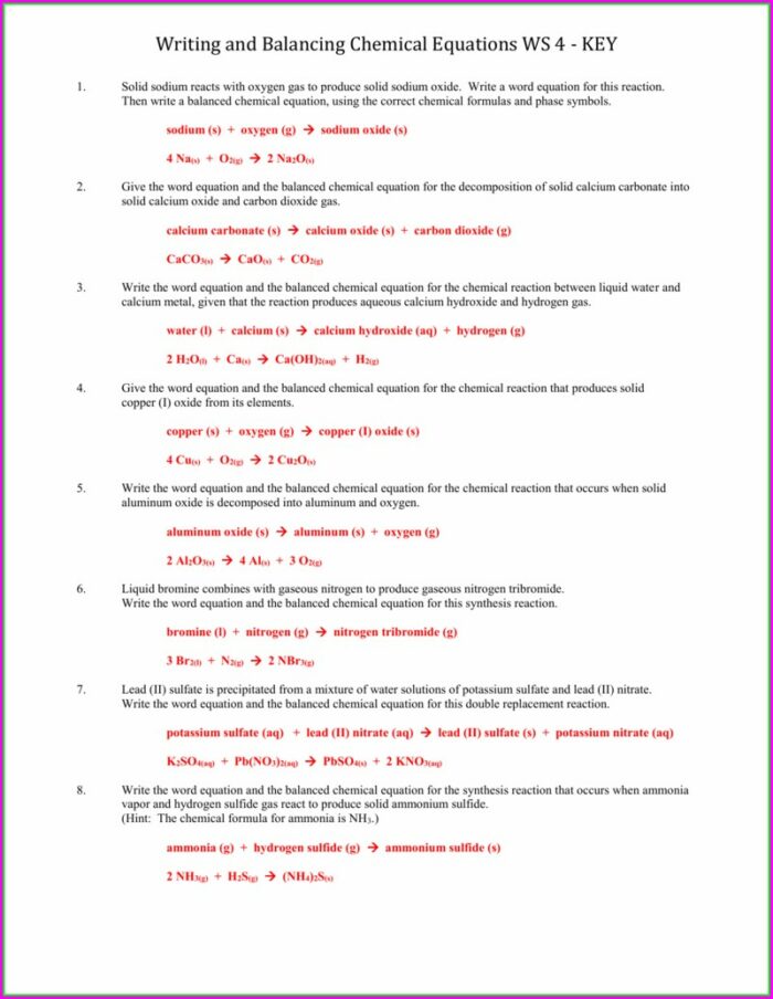 Writing And Balancing Word Equations Worksheet