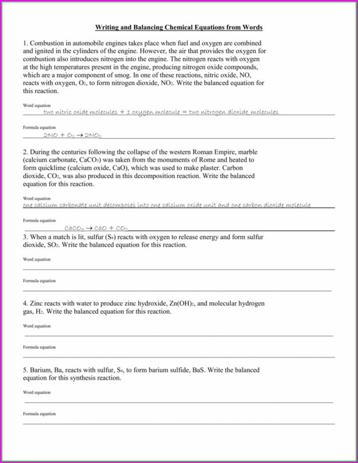 Writing And Balancing Word Equations Worksheet Answers