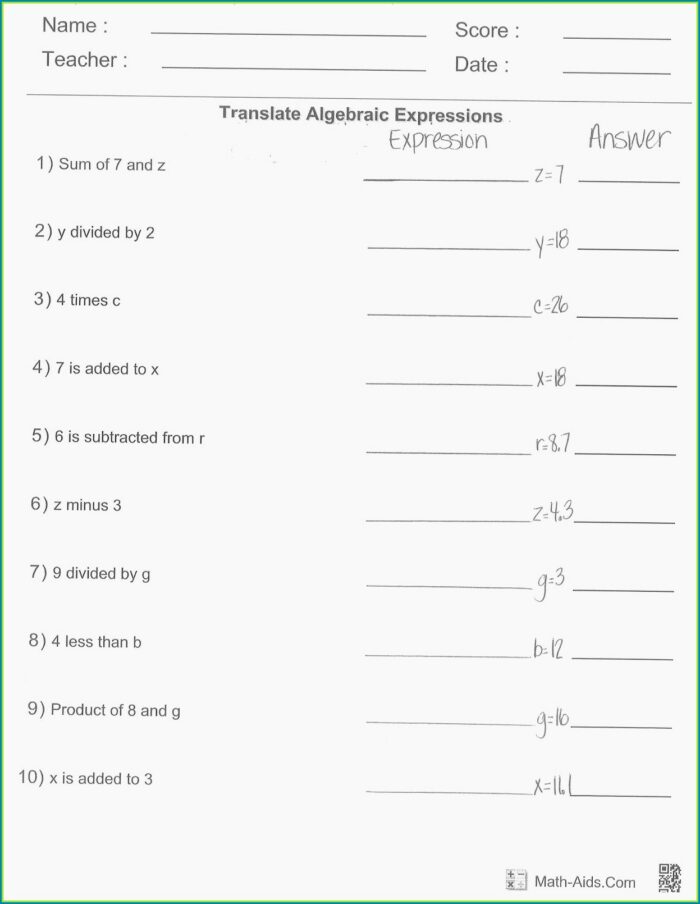 Writing And Evaluating Expressions Worksheet Pdf