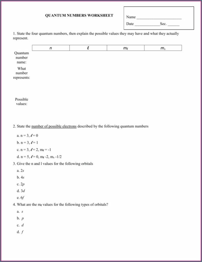 Writing Quantum Numbers Worksheet