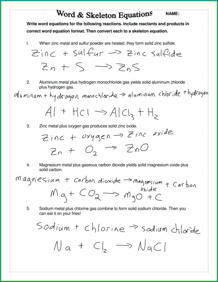 Writing Simple Word Equations Worksheet