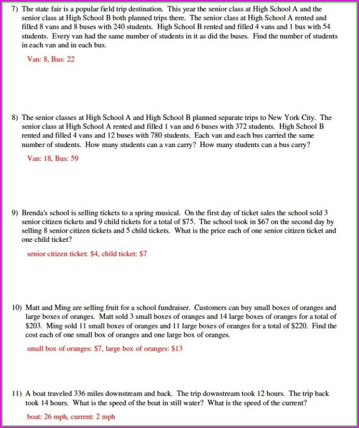 Writing Systems Of Equations From Word Problems Worksheet