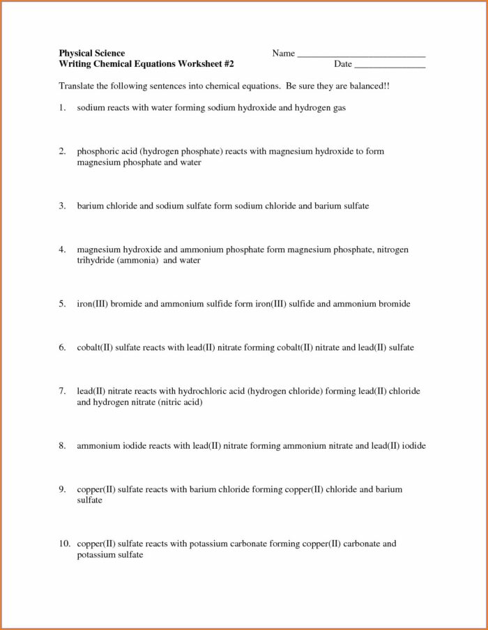 Writing Word Equations Worksheet With Answers