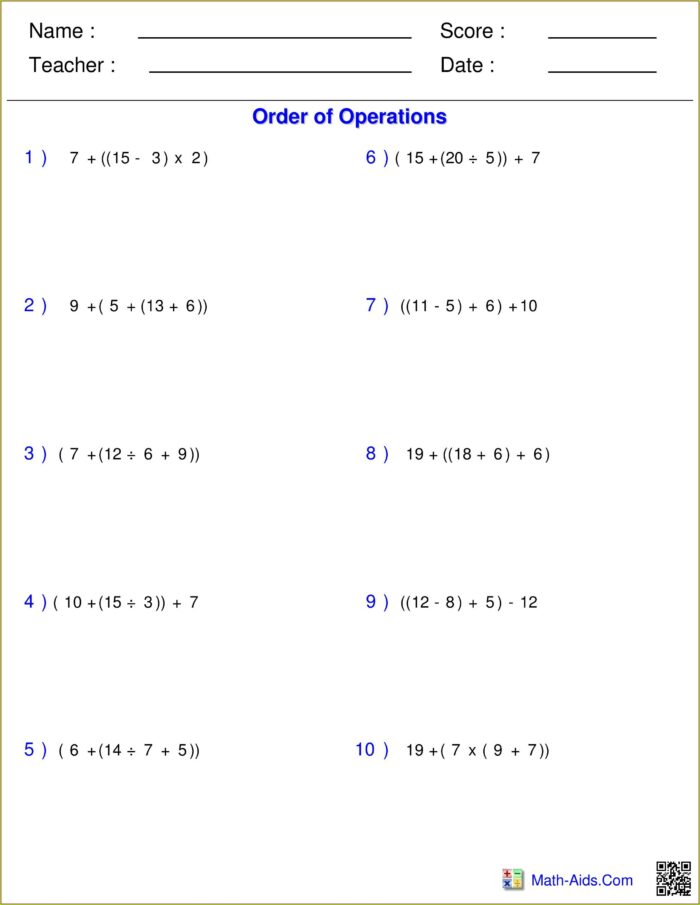 5th Grade Order Of Operations With Fractions Worksheet